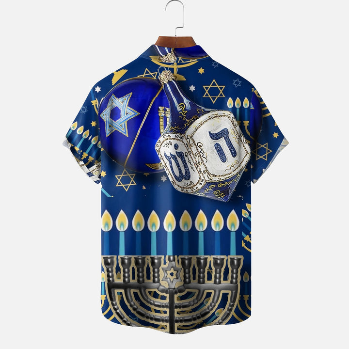 Hanukkah Dreidel Candle Star of David Chest Pocket Casual Shirt