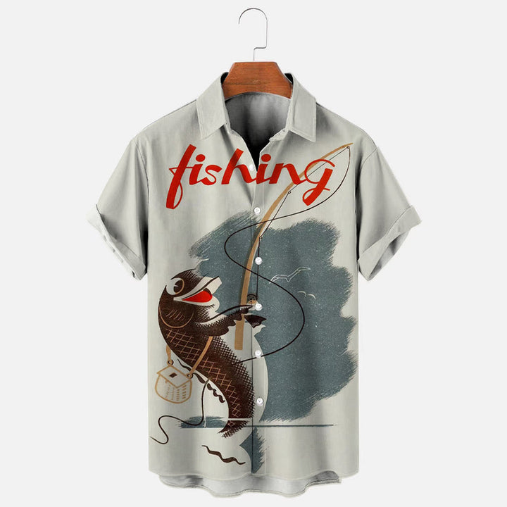 Men's Vintage Fishing Print Short Sleeve Shirt