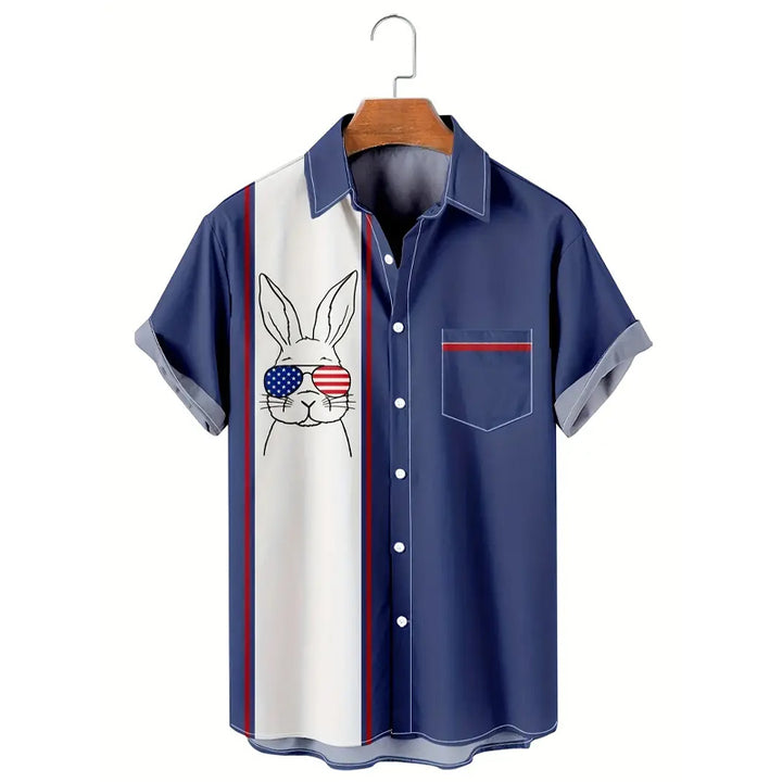 Men's Patriotic Bunny Print Short Sleeve Button-Down Shirt