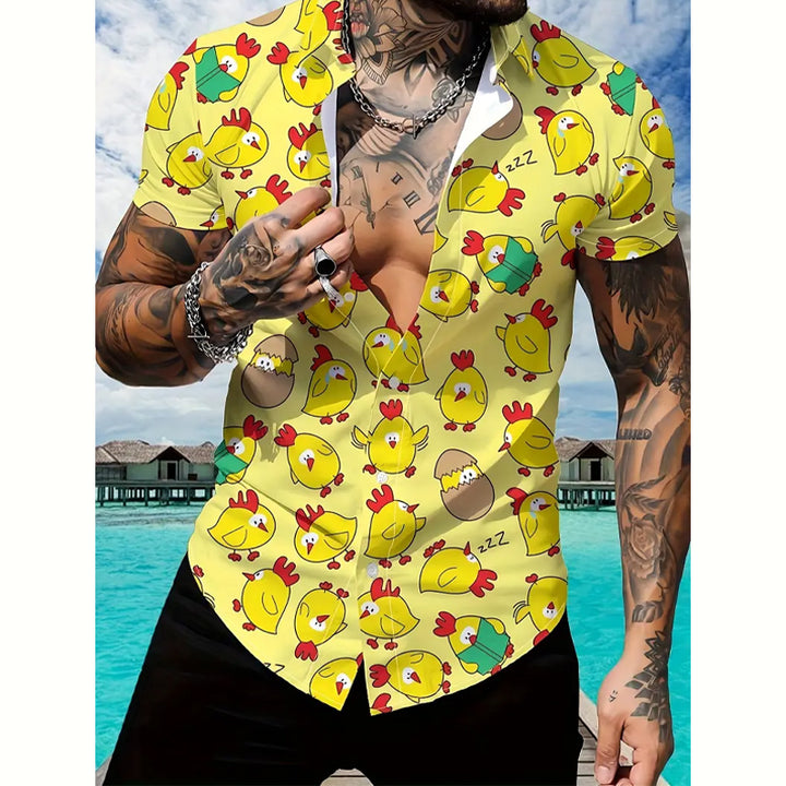 Mens Vibrant Cartoon Chicken Geometric Pattern Short Sleeve Lapel Shirt