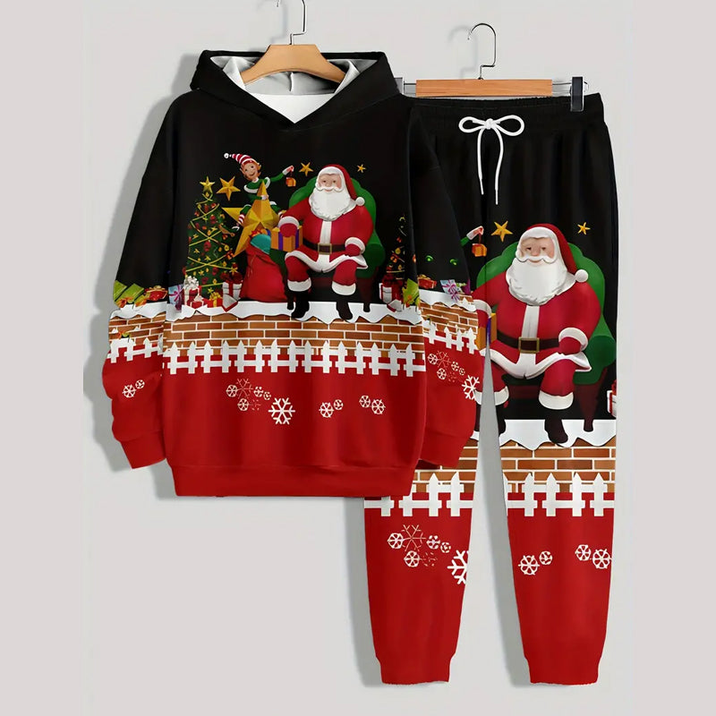 Men's Cartoon Santa Claus Print Long Sleeve Hoodie and Sweatpants Set