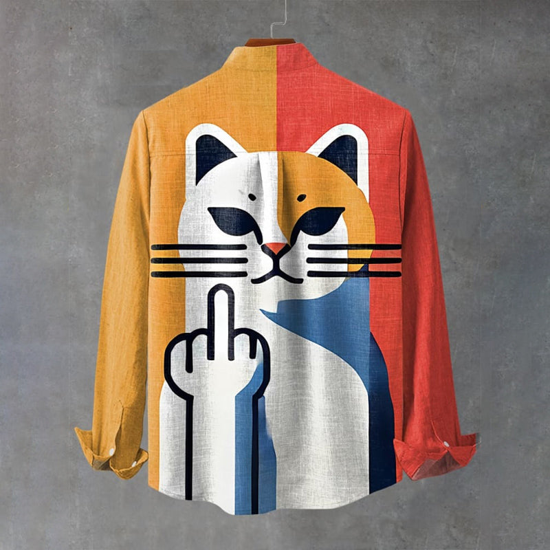 Cartoon Cat with Middle Finger Vintage Stripe Print Long Sleeve Shirt