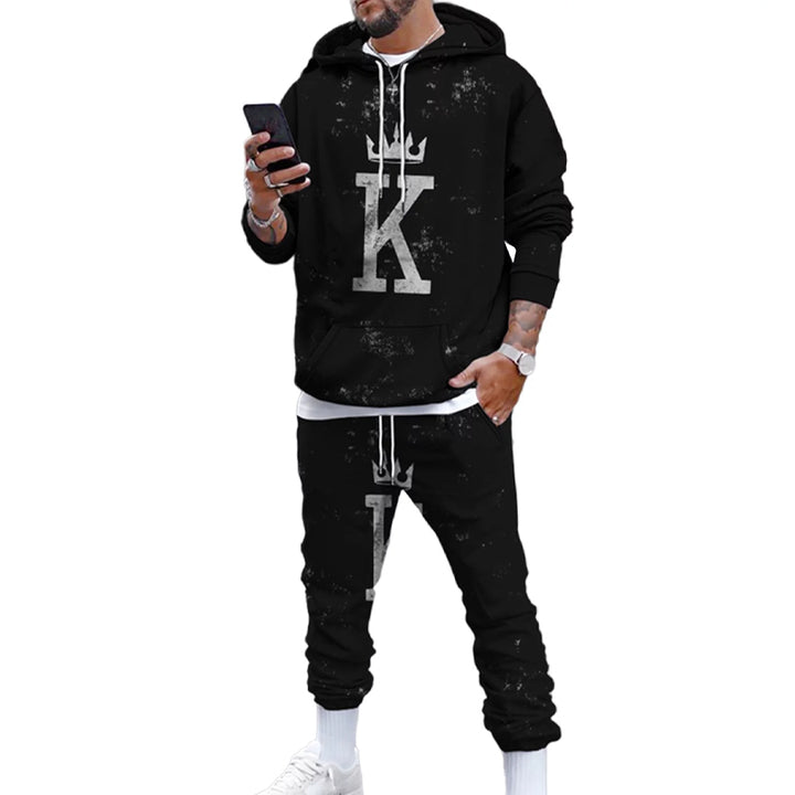 Men's fashionable poker print hoodie and trousers two-piece set