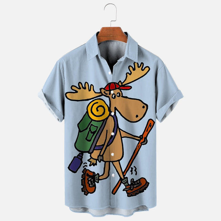 Moose Hiking Cartoon Print Hawaiian Short Sleeve Shirt