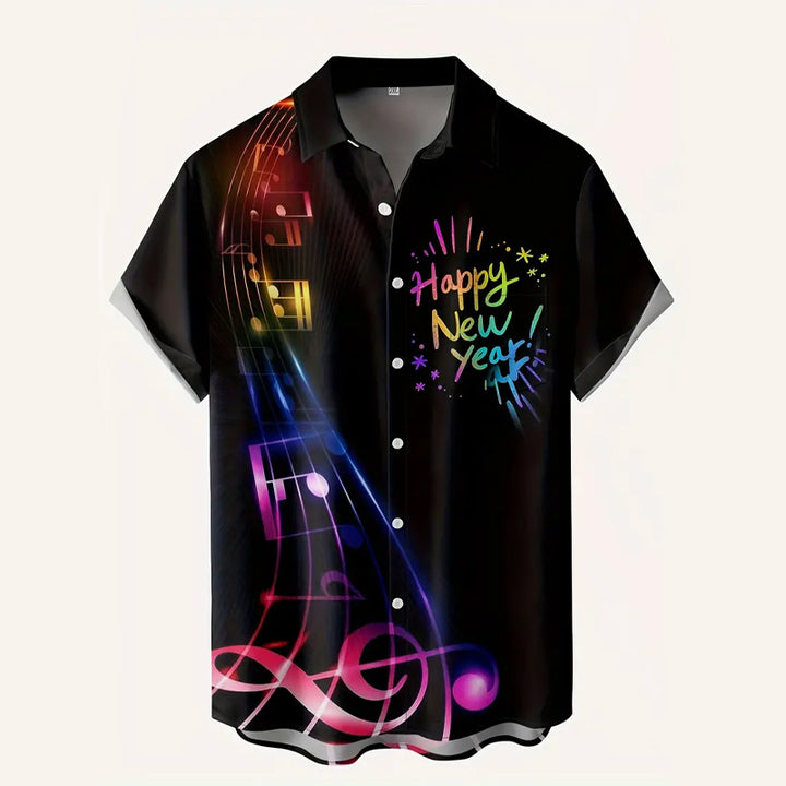 Men's 3D Music Symbol & "Happy New Year" Print Short Sleeve Shirt