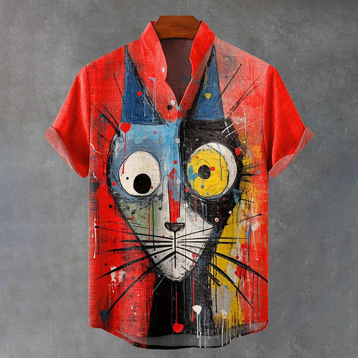 Abstract Funny Animals Cat Vintage Print Casual Shirt