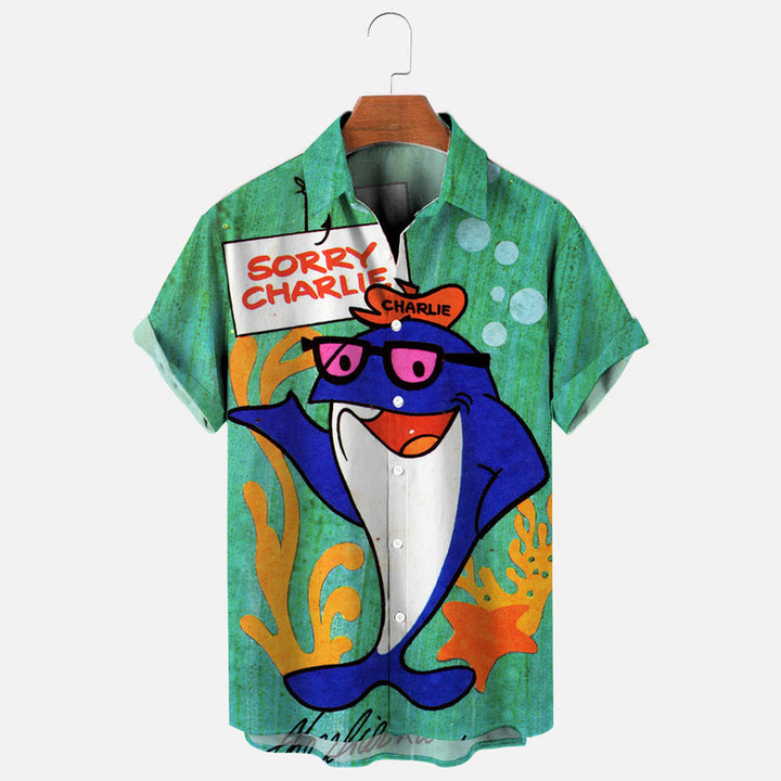 70s Retro Tuna Cartoon Print Hawaiian Short Sleeve Shirt