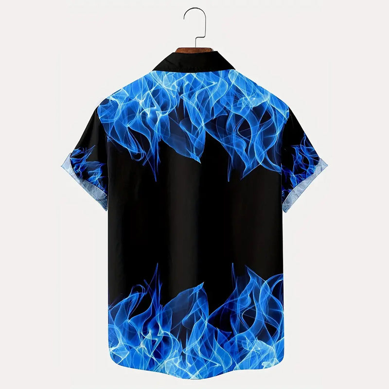 Men's blue flame guitar print short-sleeved shirt