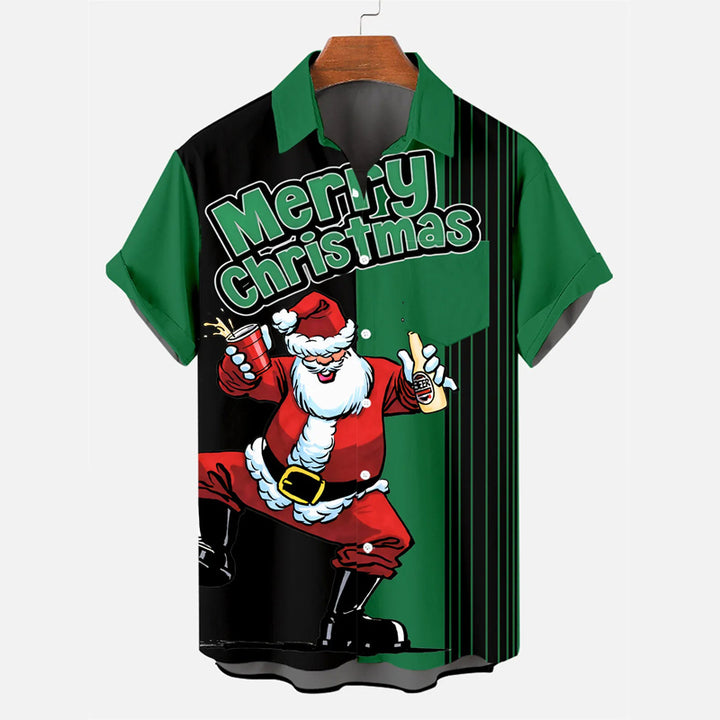 Men's Drink With Father Christmas Printed Short Sleeve Shirt