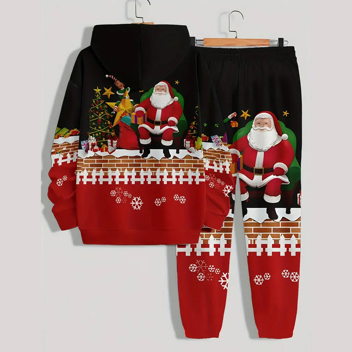 Men's Cartoon Santa Claus Print Long Sleeve Hoodie and Sweatpants Set