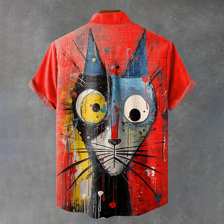 Abstract Funny Animals Cat Vintage Print Casual Shirt