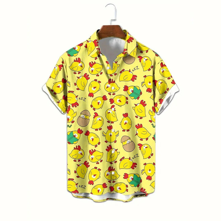 Mens Vibrant Cartoon Chicken Geometric Pattern Short Sleeve Lapel Shirt