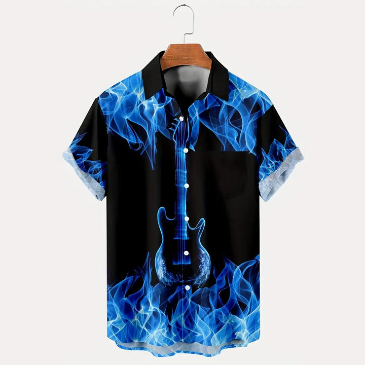 Men's blue flame guitar print short-sleeved shirt