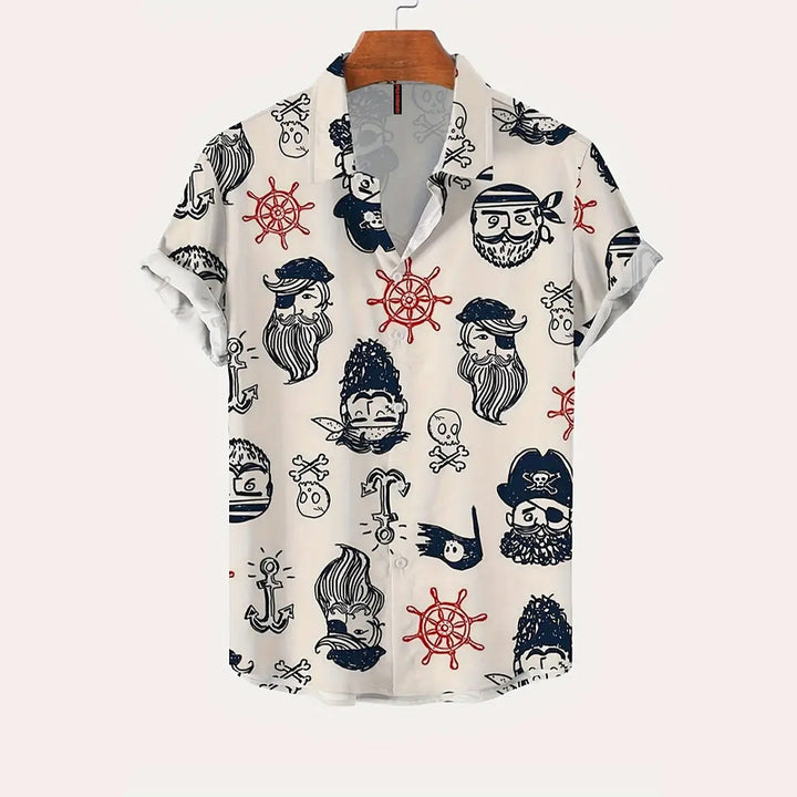 Men's Cartoon Pirate Pattern Short Sleeve Lapel Button Up Shirt