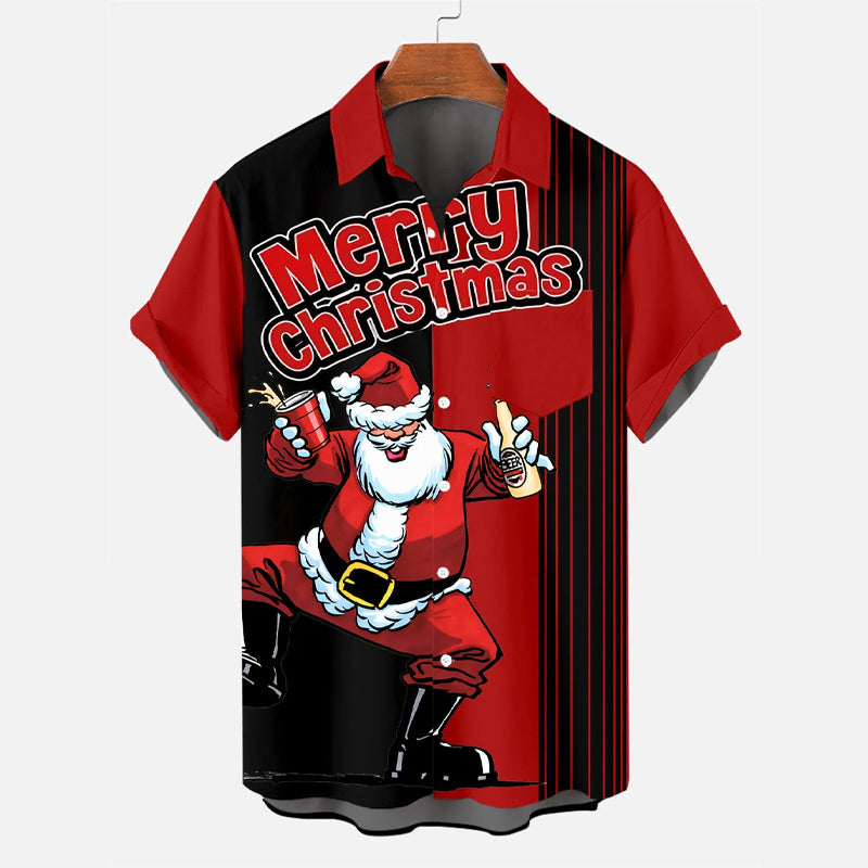 Men's Drink With Father Christmas Printed Short Sleeve Shirt