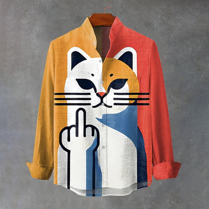 Cartoon Cat with Middle Finger Vintage Stripe Print Long Sleeve Shirt