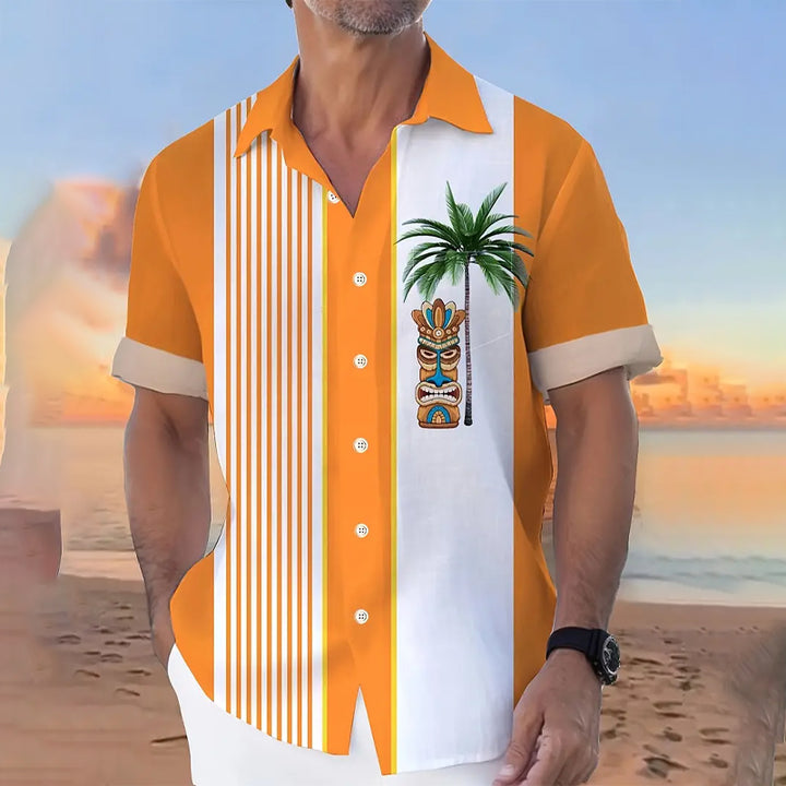 Men’s Bold Stripes & Tiki Coconut Trees Graphic Print Shirt