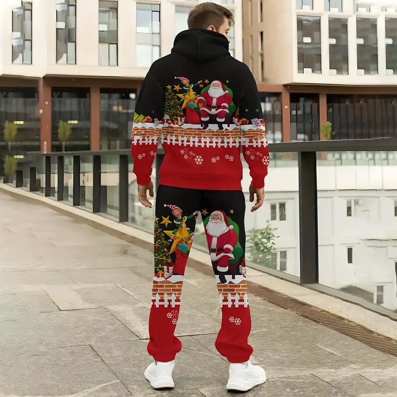 Men's Cartoon Santa Claus Print Long Sleeve Hoodie and Sweatpants Set