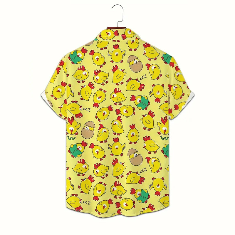 Mens Vibrant Cartoon Chicken Geometric Pattern Short Sleeve Lapel Shirt