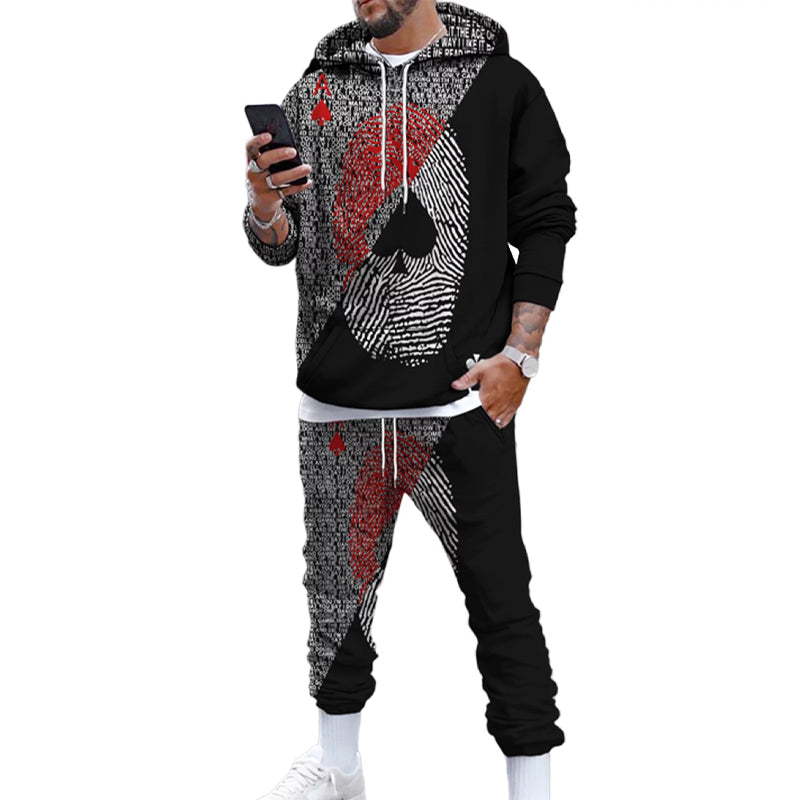 Men's fashionable poker print hoodie and trousers two-piece set