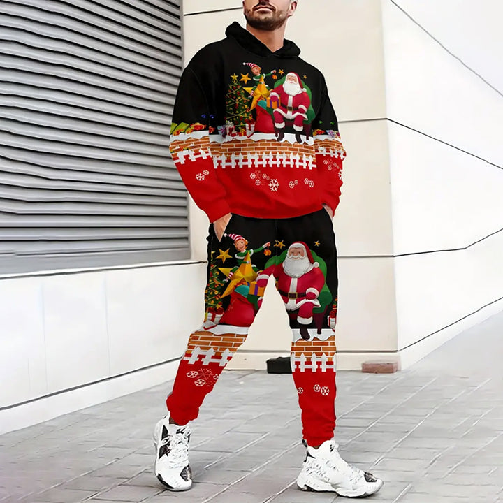 Men's Cartoon Santa Claus Print Long Sleeve Hoodie and Sweatpants Set