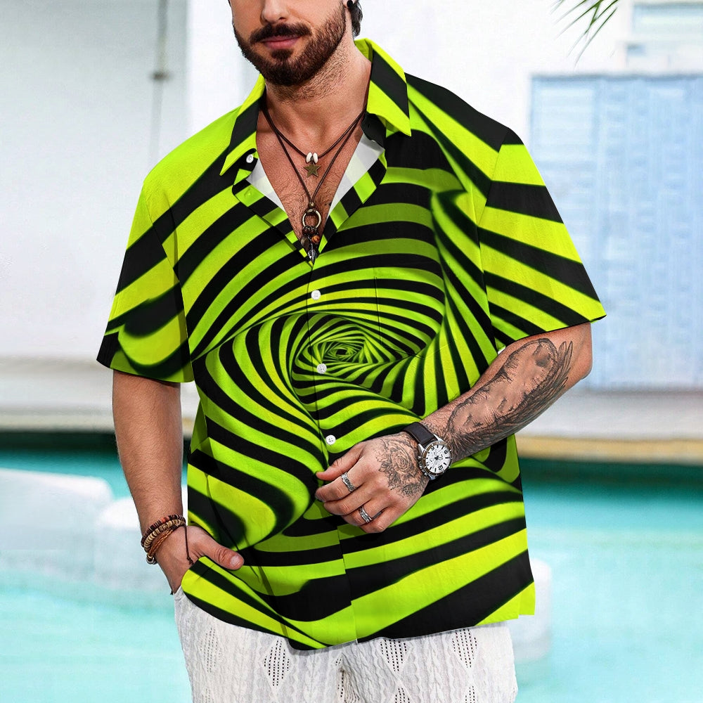 Men's Fluorescent Green Spiral Stripe Print Short Sleeve Shirt 2410008354