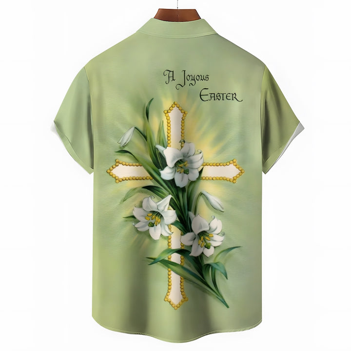 Easter Lily Cross Print Casual Short Sleeve Shirt 2412009965