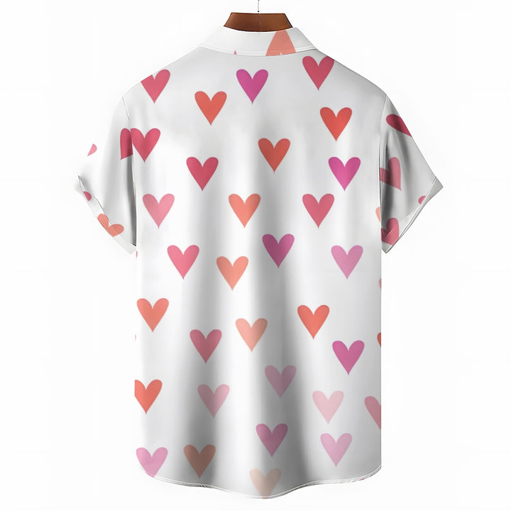 Valentine's Day Pink Heart Print Short Sleeve Shirt 2412008021