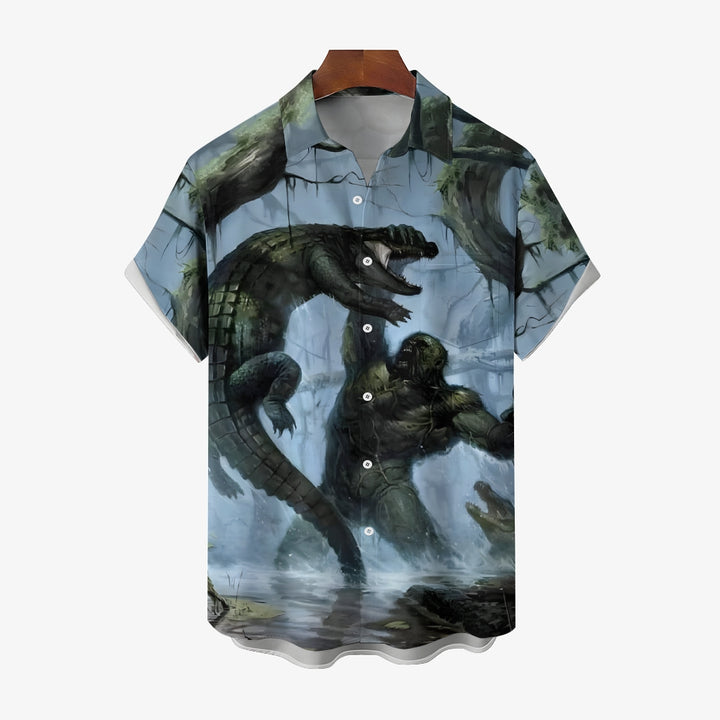 Bigfoot vs Alligator Print Short Sleeve Shirt 2408002798