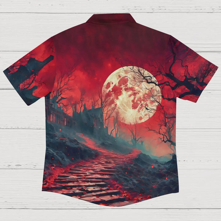 Red Moonlight Horror Castle Printed Casual Large Size Short Sleeve Shirt 2407000593