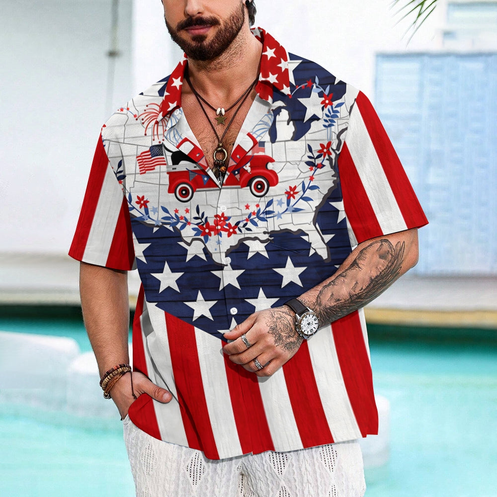 Patriotic Flag Trucker Print Chest Pocket Short Sleeve Shirt 2411005933