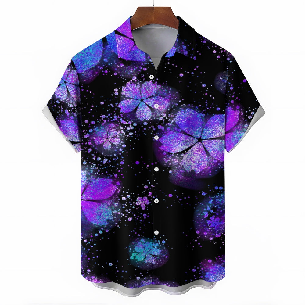 Purple Glitter Cherry Blossom Casual Short Sleeve Shirt 2412005458