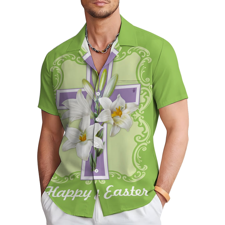 Happy Easter Cross Print Casual Short Sleeve Shirt 2412010174