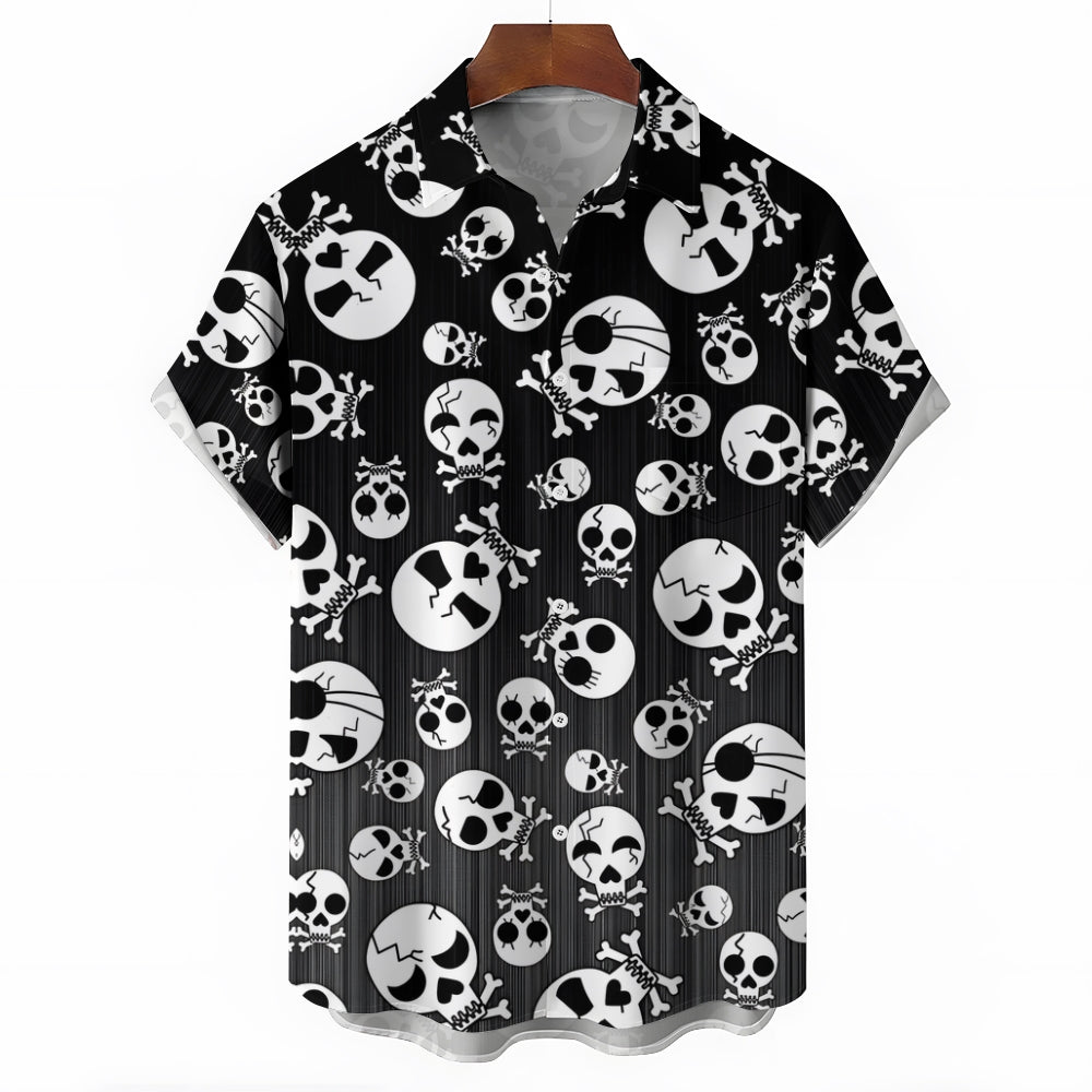 Skull Gradient Print Chest Pocket Short Sleeve Shirt 2411006379