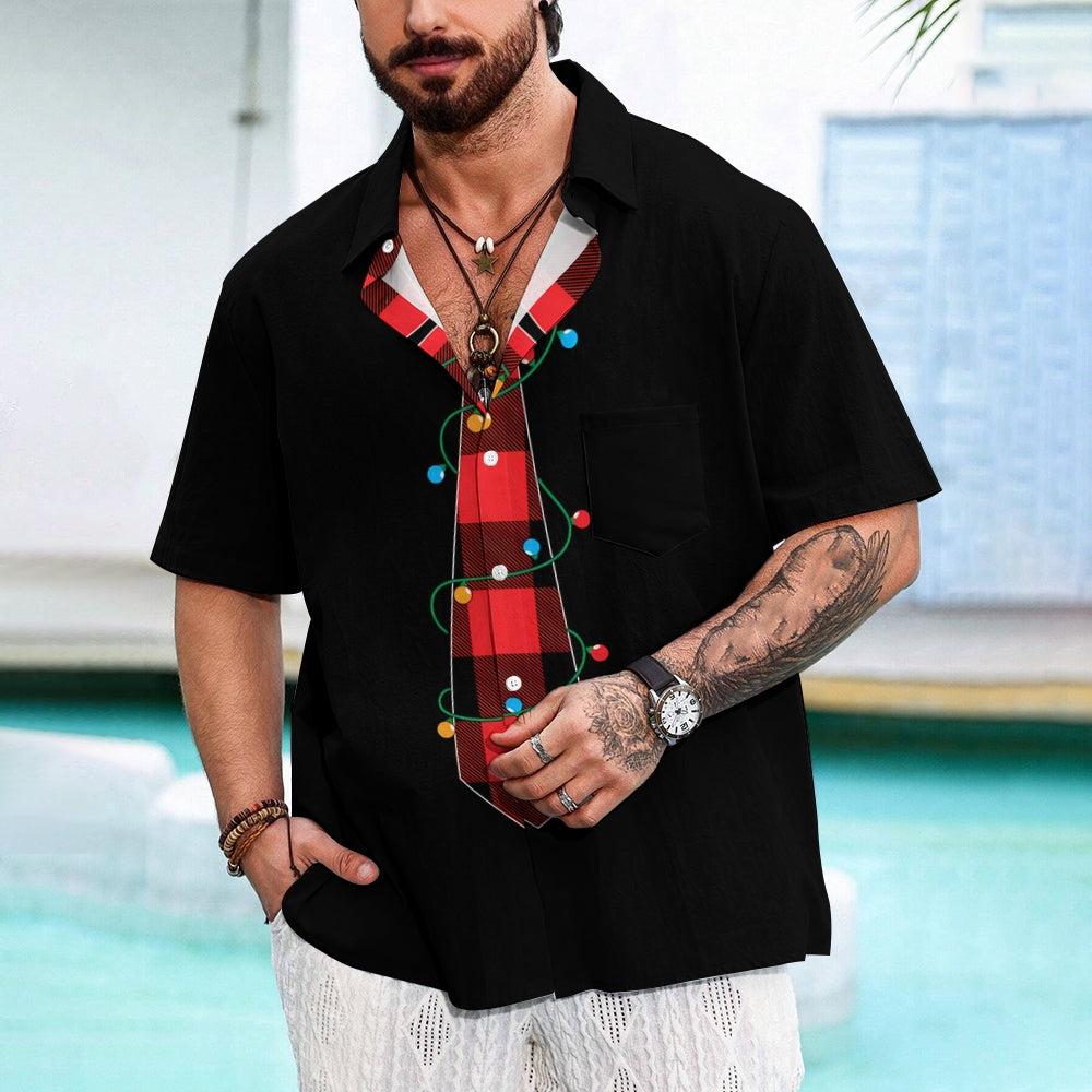 Christmas Check Lights Tie Print Casual Short Sleeve Shirt 2412004841