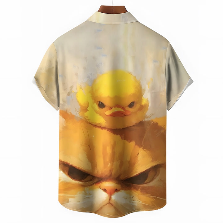 Angry Cat And Duck Print Casual Short Sleeve Shirt 2410005535