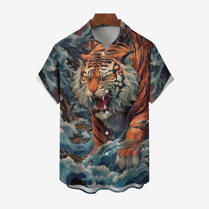 Retro Tiger Art Casual Short Sleeve Shirt 2402000053