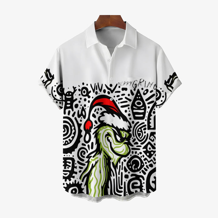 Cartoon Line Christmas Green Monster Casual Short Sleeve Shirt 2409007983