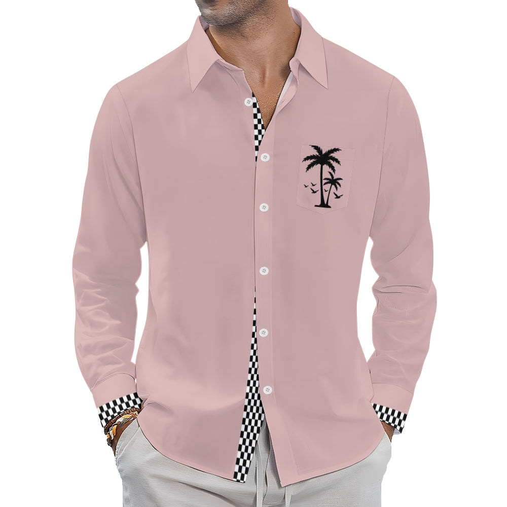 Solid Check Hawaiian Resort Print Long Sleeve Shirt