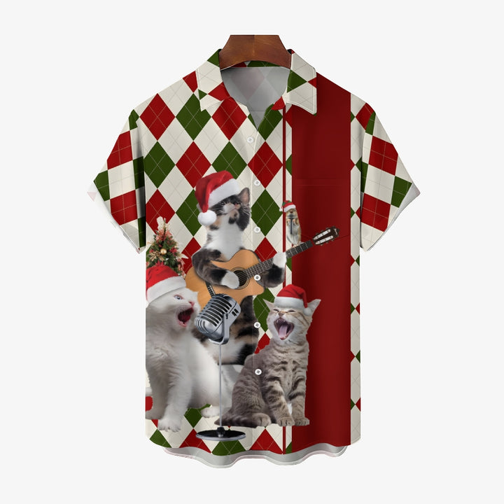 Cats Wearing Santa Hats And Singing Print Short Sleeve Shirt 2410003956