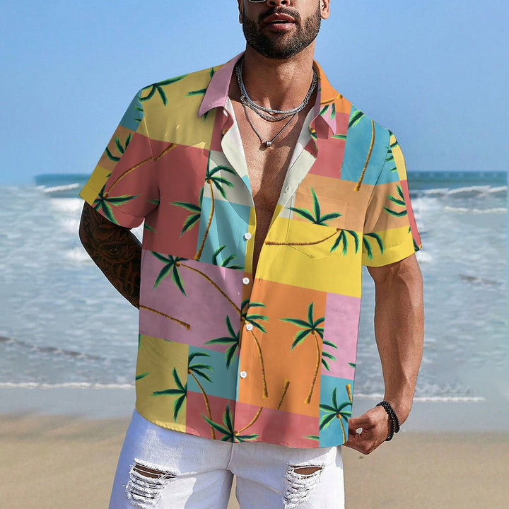 Geometric Colorful Mosaic Coconut Tree Short Sleeve Shirt 2410002372