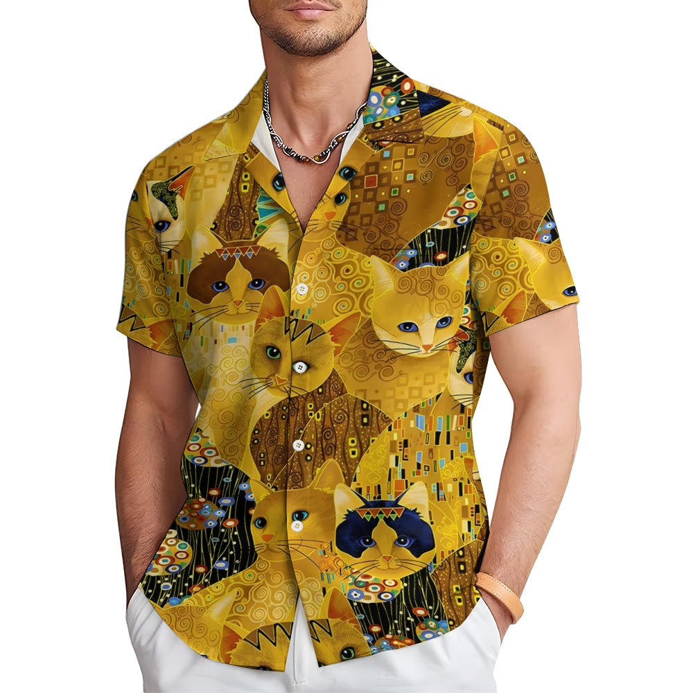 Gold Cat Print Casual Oversized Short Sleeve Shirt 2407005204