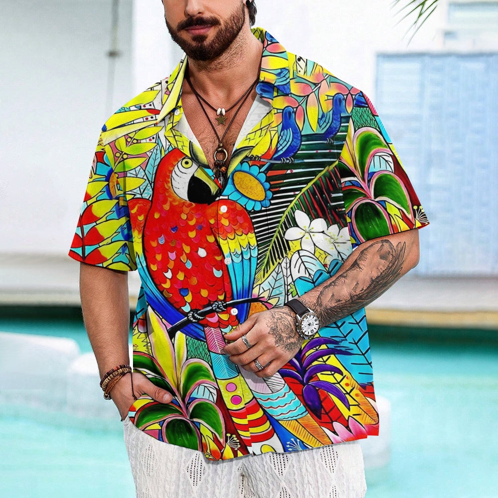 Parrot Art Print Casual Short Sleeve Shirt 2411000296