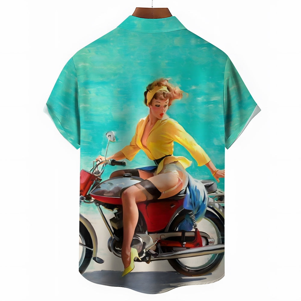 Retro Poster Motorcycle Sexy Girl Print Short Sleeve Shirt 2411008153