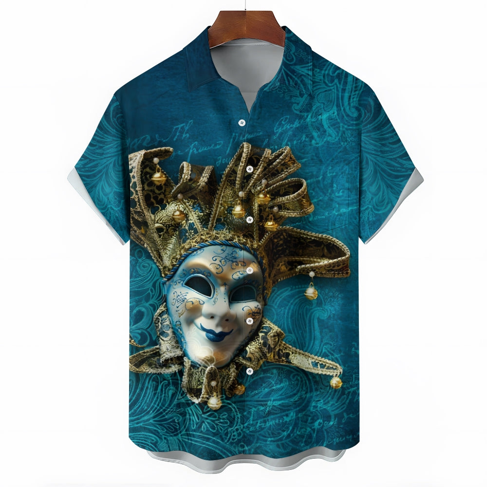 Men's Mardi Gras Mask Print Short Sleeve Shirt 2412007596