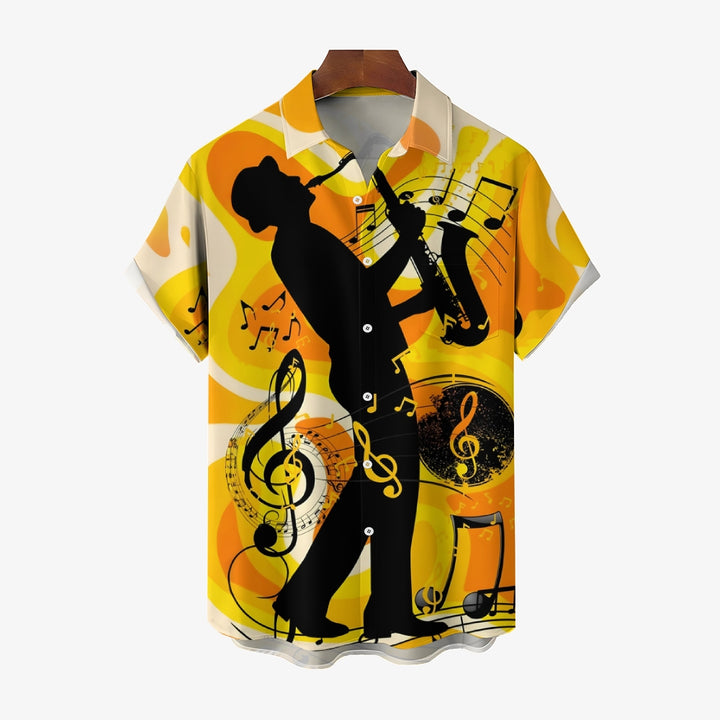 Men's Musical Saxophone Silhouette Print Short Sleeve Shirt 2412007610