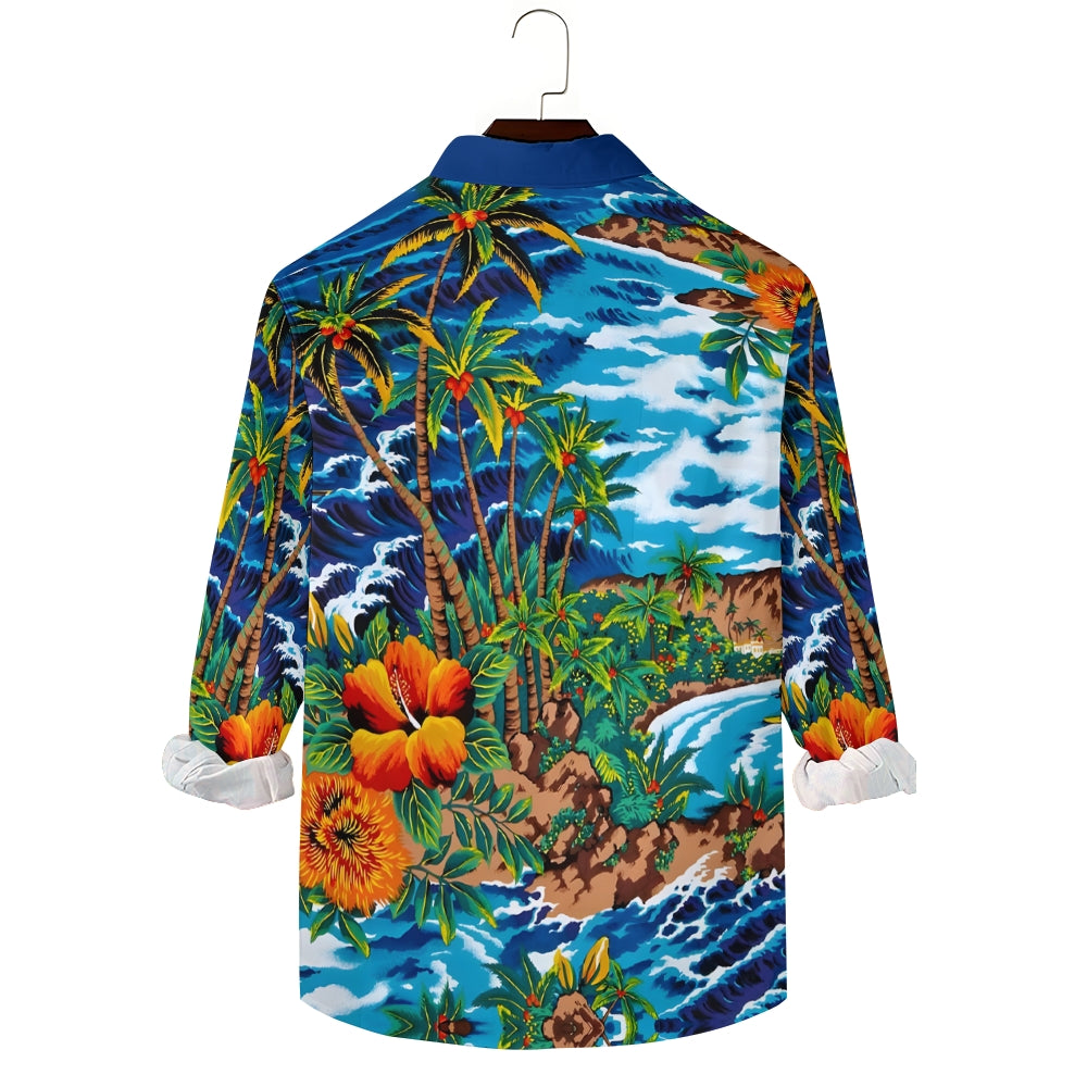 Men's Casual Hawaiian Coconut Palm Printed Long Sleeve Shirt 2403000599