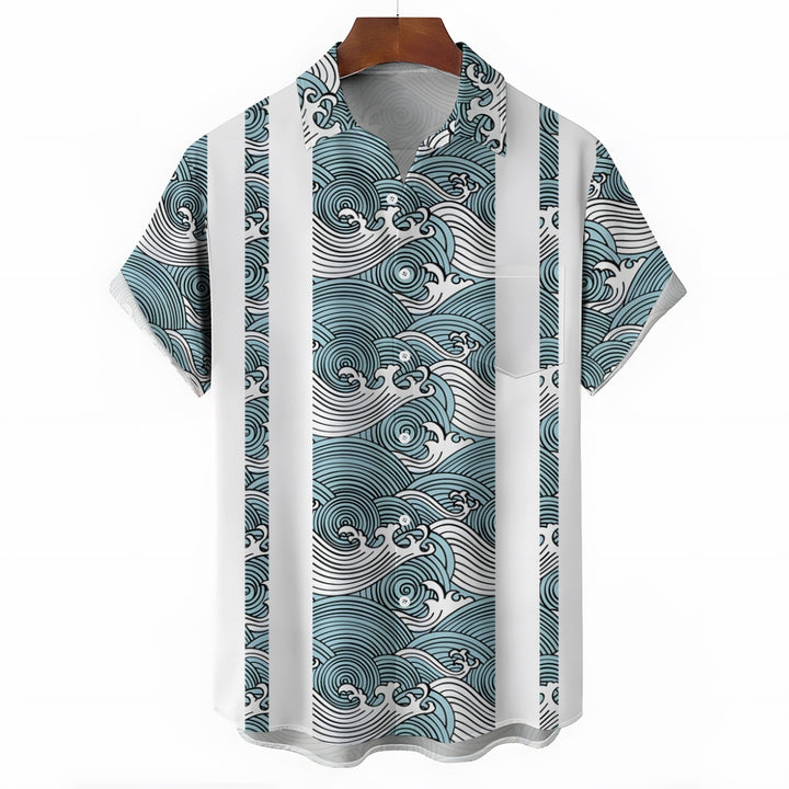 Men's Wave Art Stripe Print Short Sleeve Shirt 2410004522