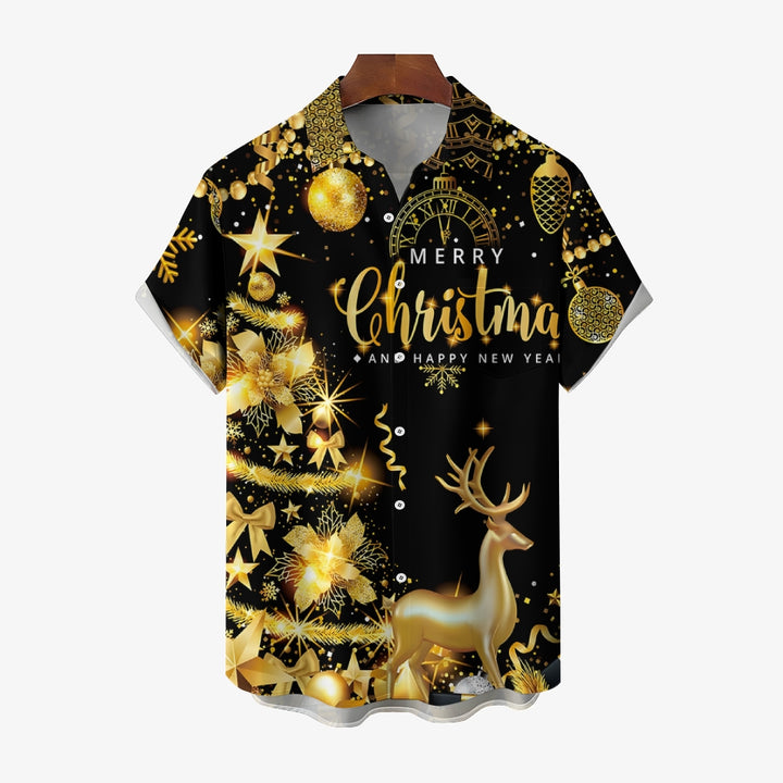 Merry Christmas Gold Glittering Elk Short Sleeve Shirt 2409004956