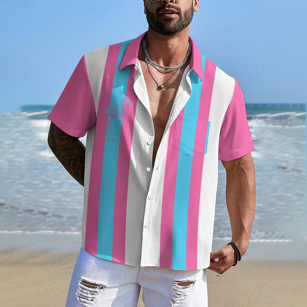 Flamingo Stripe Print Casual Bowling Shirt 2410005839